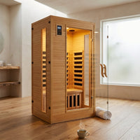 2024 Upgrade 1 to 2 Person Infrared Sauna, Low EMF Infrared Sauna for Home, Indoor Sauna Room, Hemlock Wooden Far Infrared Sauna, Dry Sauna with Bluetooth Speakers, LED Reading and Chromotherapy Lamp — Studio Shot