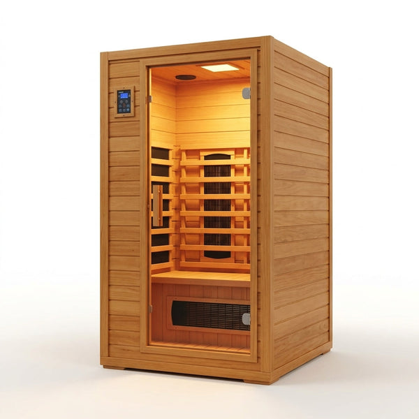 2024 Upgrade 1 to 2 Person Infrared Sauna, Low EMF Infrared Sauna for Home, Indoor Sauna Room, Hemlock Wooden Far Infrared Sauna, Dry Sauna with Bluetooth Speakers, LED Reading and Chromotherapy Lamp — Studio Shot