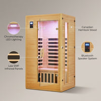2024 Upgrade 1 to 2 Person Infrared Sauna, Low EMF Infrared Sauna for Home, Indoor Sauna Room, Hemlock Wooden Far Infrared Sauna, Dry Sauna with Bluetooth Speakers, LED Reading and Chromotherapy Lamp — infographic
