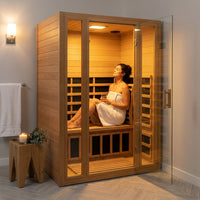 2024 Upgrade 1 to 2 Person Infrared Sauna, Low EMF Infrared Sauna for Home, Indoor Sauna Room, Hemlock Wooden Far Infrared Sauna, Dry Sauna with Bluetooth Speakers, LED Reading and Chromotherapy Lamp — Lifestyle