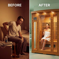 Indoor Infrared Sauna Designed for Home Wellness, 4 Person Capacity, Canadian Red Cedar, Bluetooth Compatible — Before & After