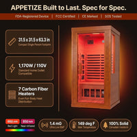 Infrared Sauna with Fda-Certified 660Nm & 850Nm Red Light Therapy | Full Spectrum, 1.4 Mg Ultra Low EMF, Fast Heat-Up, Canadian Hemlock, 7 Carbon Fiber Heaters, Easy Assembly, 1170W 110V — Results & Stats