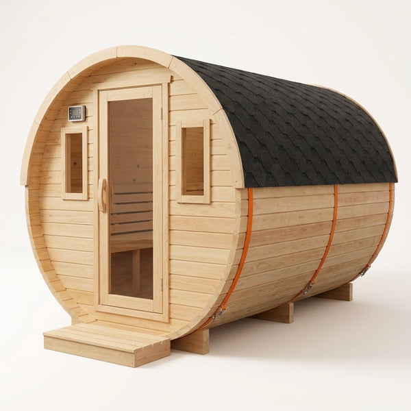Outdoor Traditional Barrel Sauna | 4-6 Person Wood Sauna, Steam and Wet Sauna with 220V with 6KW Electric Heater, Sauna Stone — Studio Shot