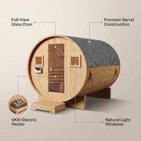 Outdoor Traditional Barrel Sauna | 4-6 Person Wood Sauna, Steam and Wet Sauna with 220V with 6KW Electric Heater, Sauna Stone — infographic