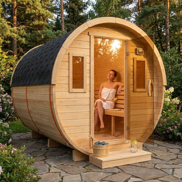 Outdoor Traditional Barrel Sauna Built for Year-Round Use, 4-6 Person Capacity, 6KW Electric Heater, Glass Door